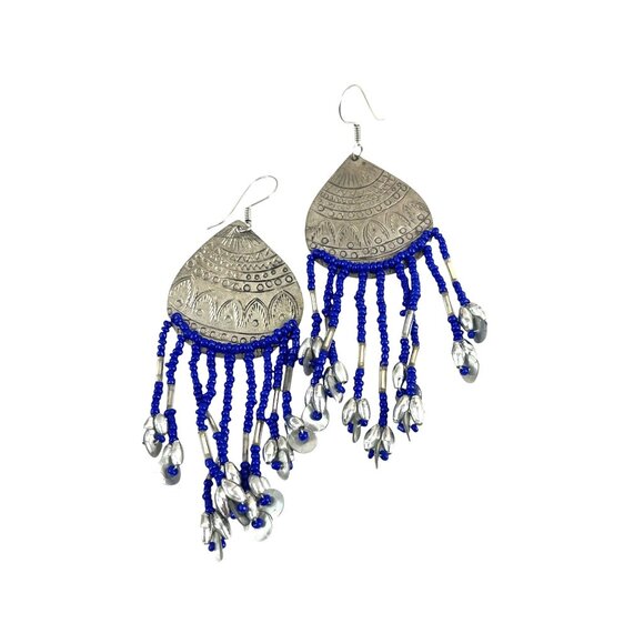 Silver & Blue Beaded Dangle Earrings Intricate Engravings & Teardrop Charms Boho - Picture 2 of 6